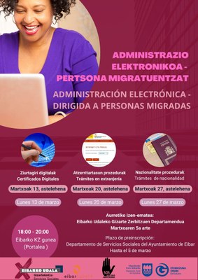Poster del curso de administración electrónica para vecinas/os de Eibar de origen extranjero.
