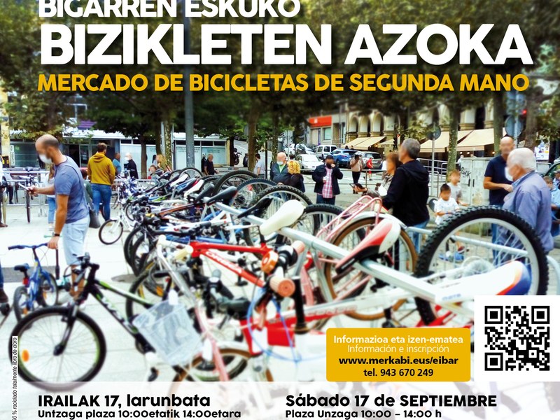Mercado de bicicletas de segunda mano y taller de reparación cartel