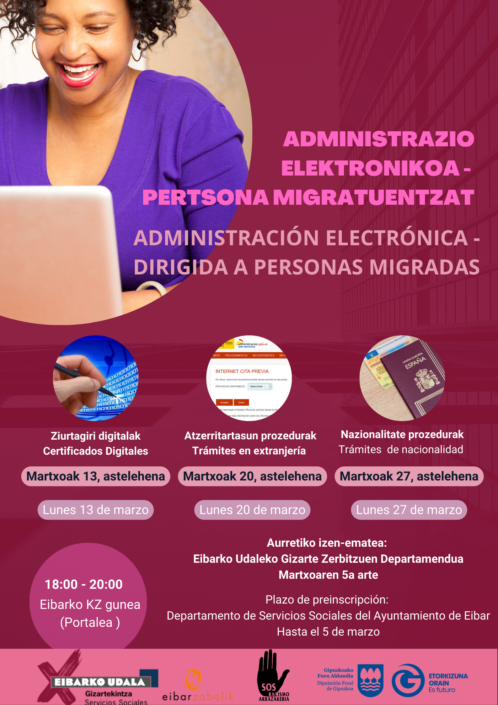 Abierto el plazo de inscripción para el curso de administración electrónica para vecinas/os de Eibar de origen extranjero