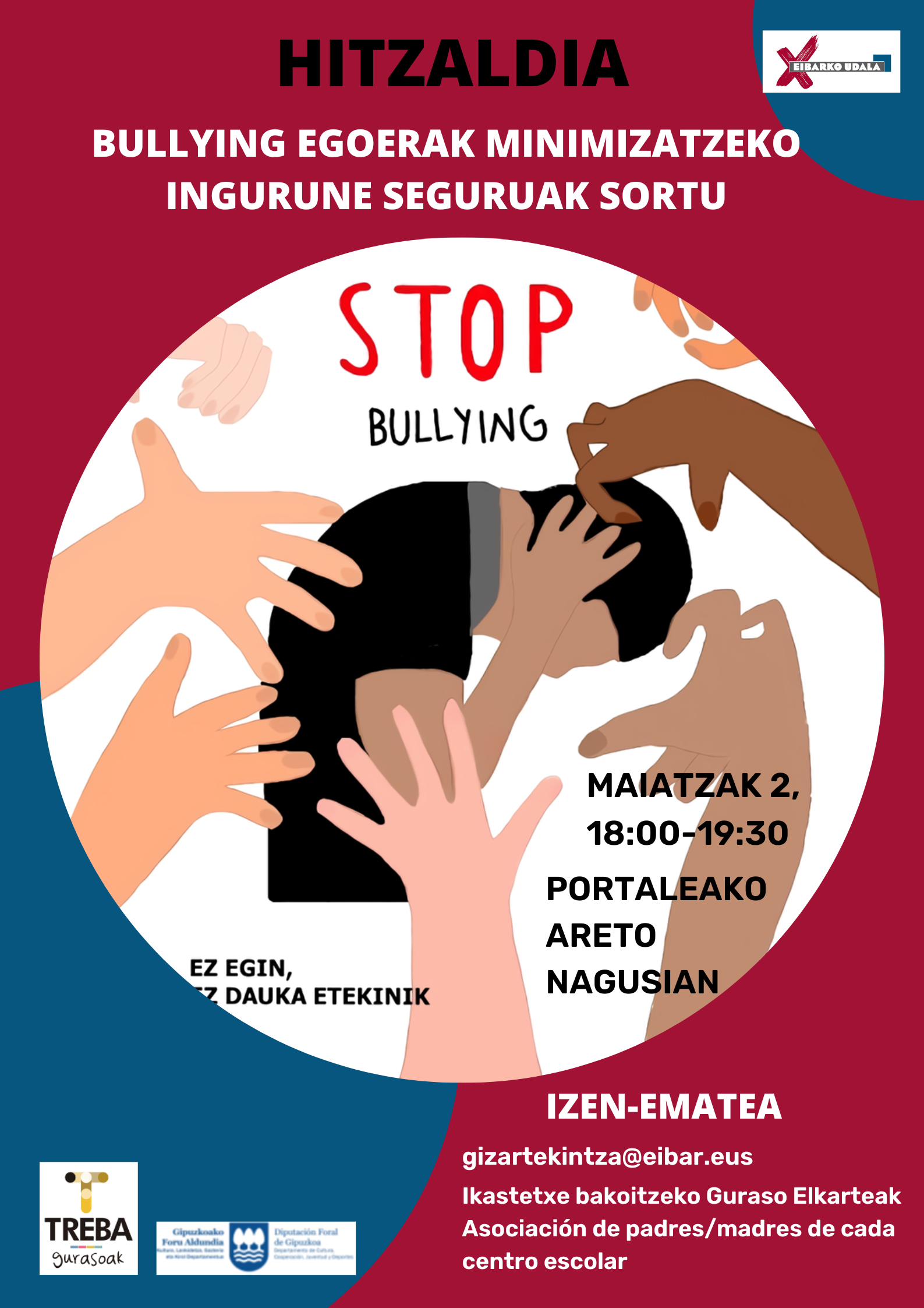 "Crear entornos seguros para minimizar situaciones de bullying", charla dirigida a padres y madres, el 2 de mayo en Portalea