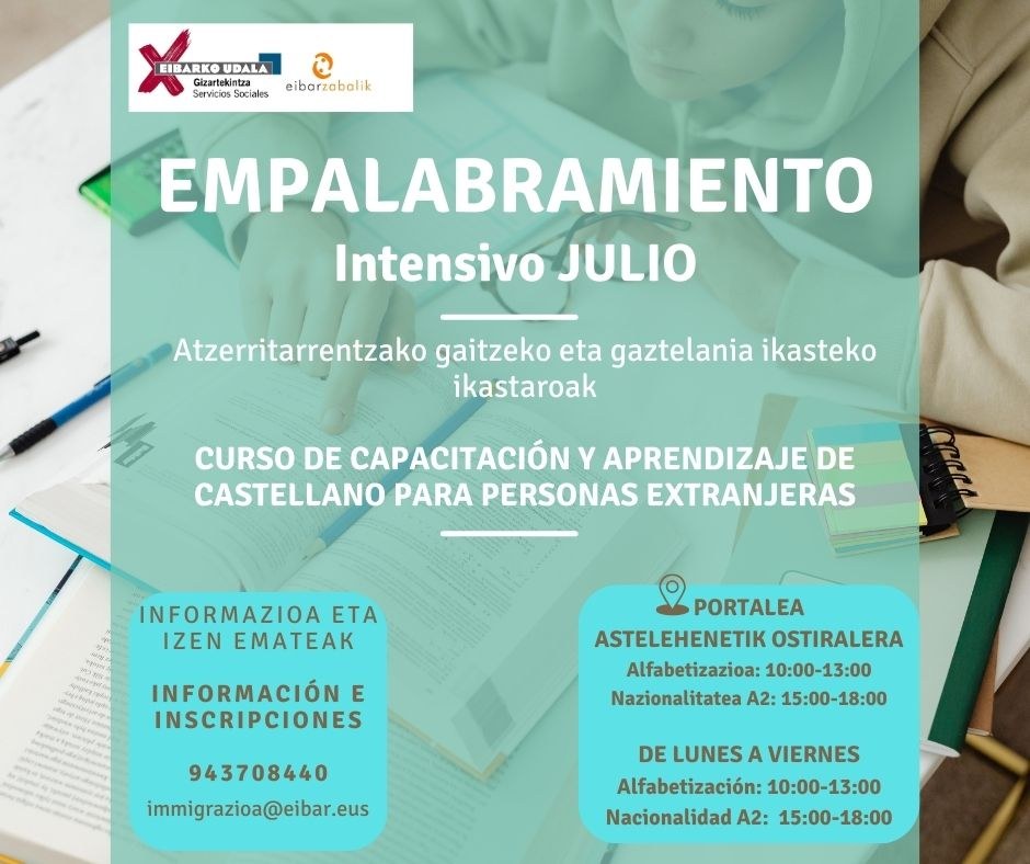 Curso de castellano intensivo para personas extranjeras en julio: inscripciones desde el 3 de junio Uztailean gaztelania ikastaro trinkoa atzerritarrentzat