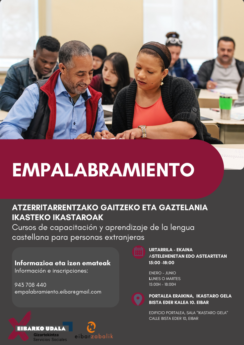 Empalabramiento: cursos de capacitación y aprendizaje de la lengua castellana para personas extranjeras en Portalea en 2023 Poster promoción servicio Empalabramiento 2023
