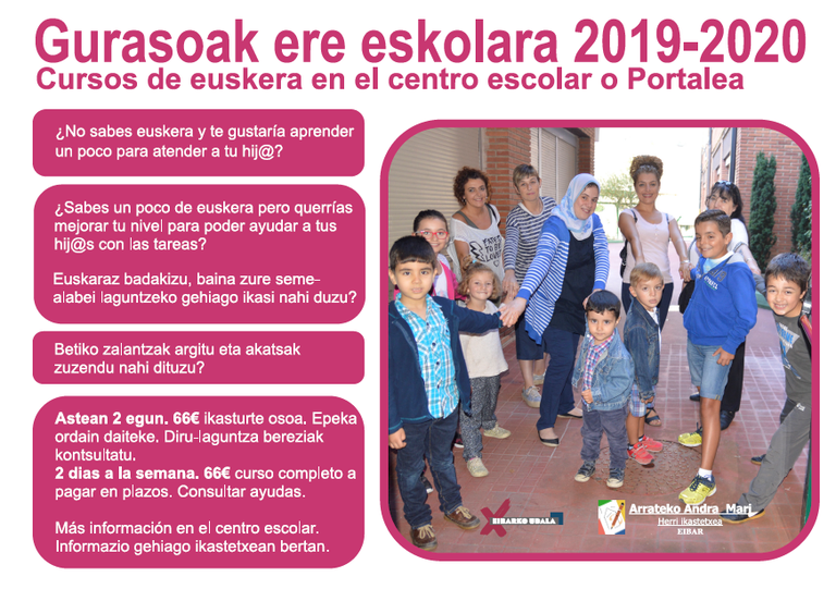 'Gurasoak ere eskolara', cursos de euskera en el centro escolar o en Portalea, un año más