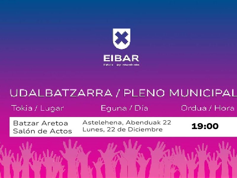 Sesión ordinaria del Pleno Municipal, el lunes, 22 de diciembre, a las 19:00 horas