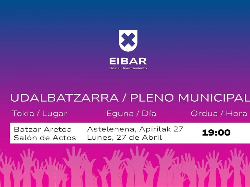 Sesión ordinaria del Pleno Municipal, el lunes, 27 de abril, a las 19:00 horas
