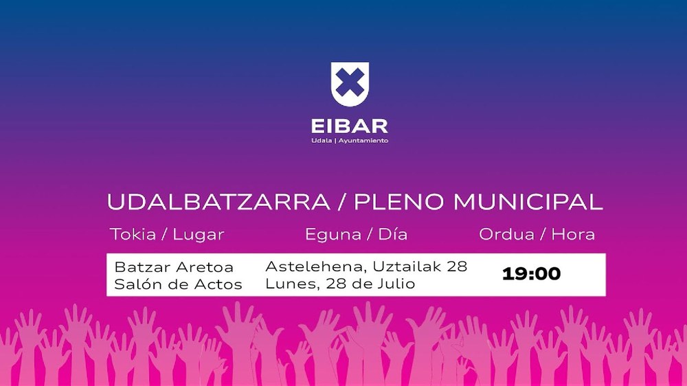 Sesión ordinaria del Pleno Municipal, este lunes, 28 de julio, a las 19:00 horas Cartel.