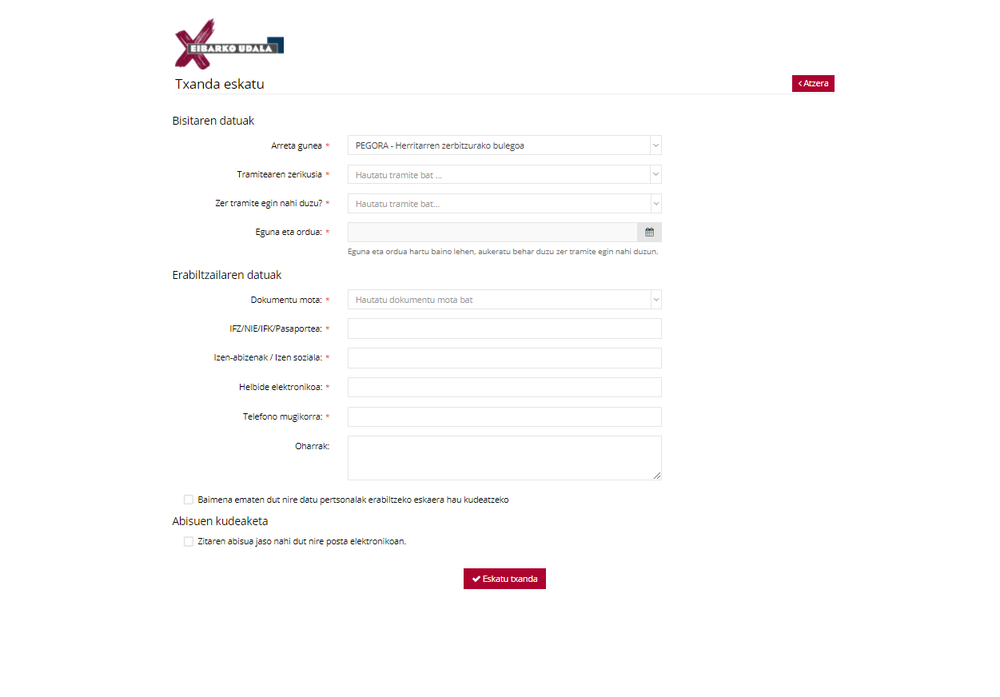 Imagen de la plataforma para solicitar cita previa, a través de Internet, para acudir a Pegora.