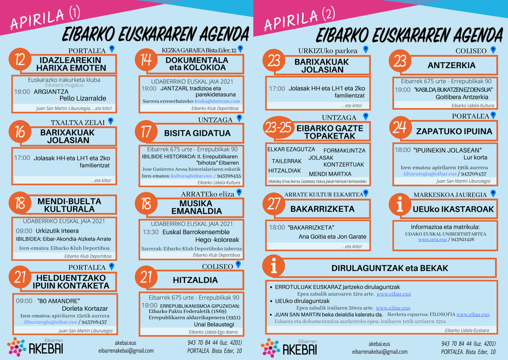 Agenda del euskera. Abril Actividades de abril