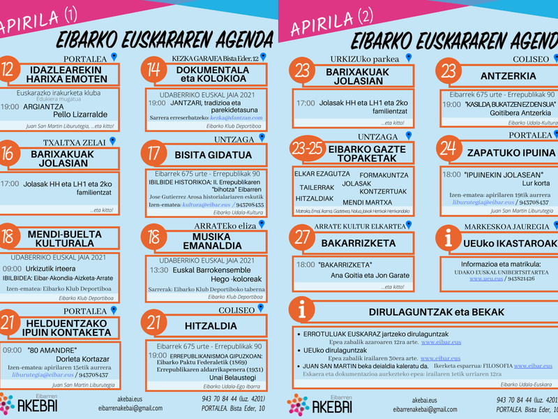 Agenda del euskera. Abril Actividades de abril