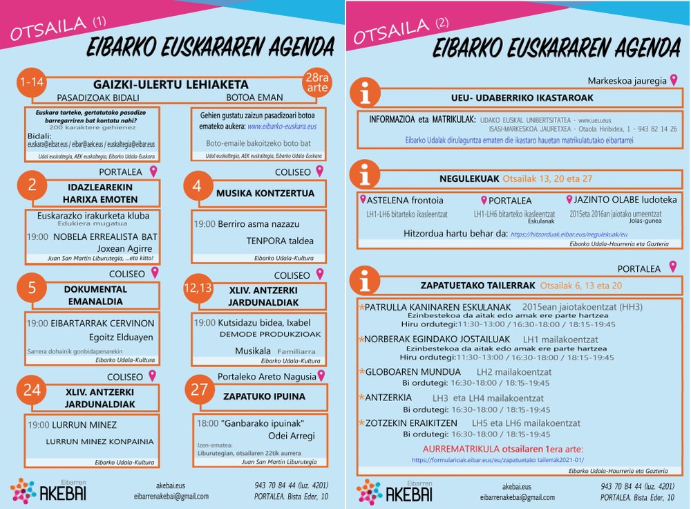 Agenda del euskera. Febrero Actos organizados en euskera para febrero