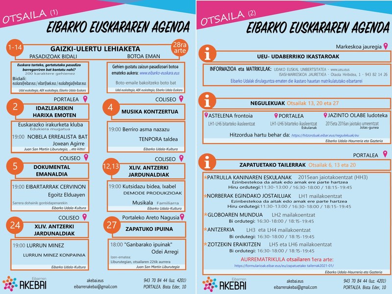 Agenda del euskera. Febrero Actos organizados en euskera para febrero
