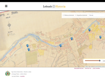 Vista de la nueva aplicación, con el fondo del mapa de Uzcanga de 1939 (Archivo Municipal de Eibar).
