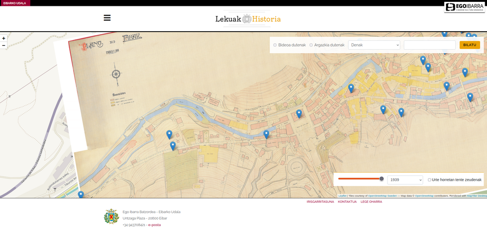 Edificios industriales de Eibar, iglesias, ermitas, edificios civiles; todo esto y mucho más, en el nuevo apartado de la web Vista de la nueva aplicación, con el fondo del mapa de Uzcanga de 1939 (Archivo Municipal de Eibar).