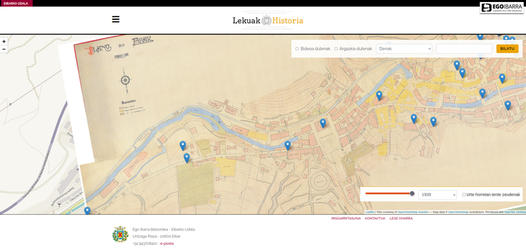 Vista de la nueva aplicación, con el fondo del mapa de Uzcanga de 1939 (Archivo Municipal de Eibar).