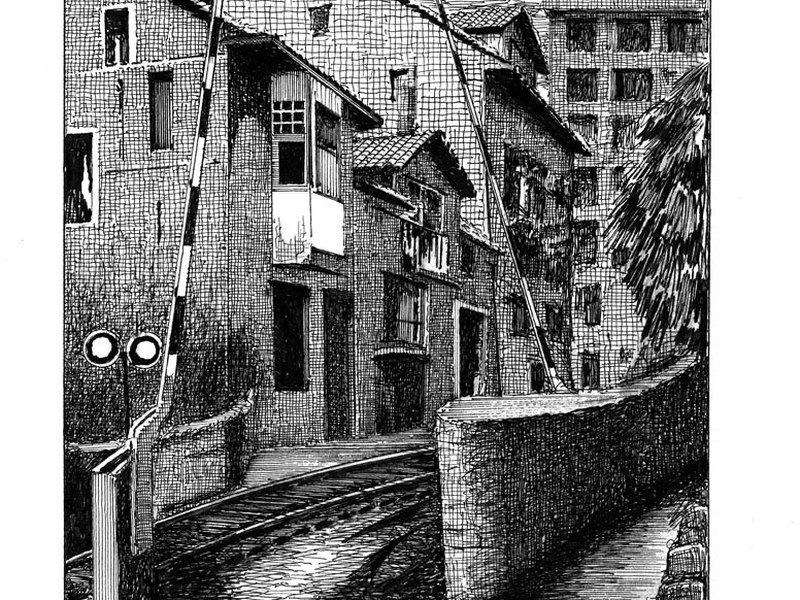 El viejo paso a nivel del tren en Ardantza. Dibujo: Julen Zabaleta.