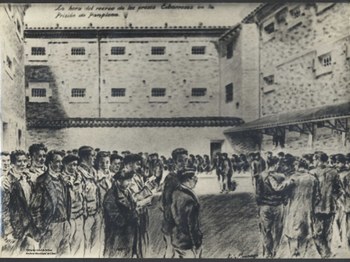 “La hora de recreo de los presos eibarreses en la prisión de Pamplona”, dibujo realizado por Luis Marcano.