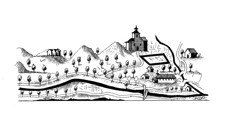 Parte de un grabado del siglo XVIII: Eibar, zona de Azitain. Museo San Telmo (Copia de Julen Zabaleta).