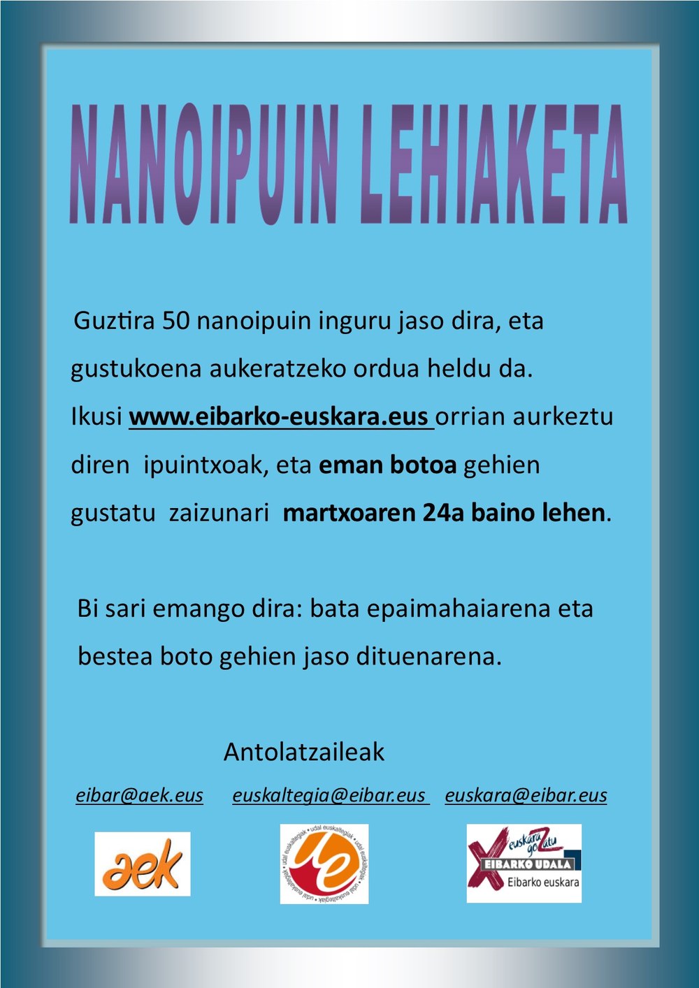 Abierto el plazo para votar en el concurso de nanocuentos en euskera