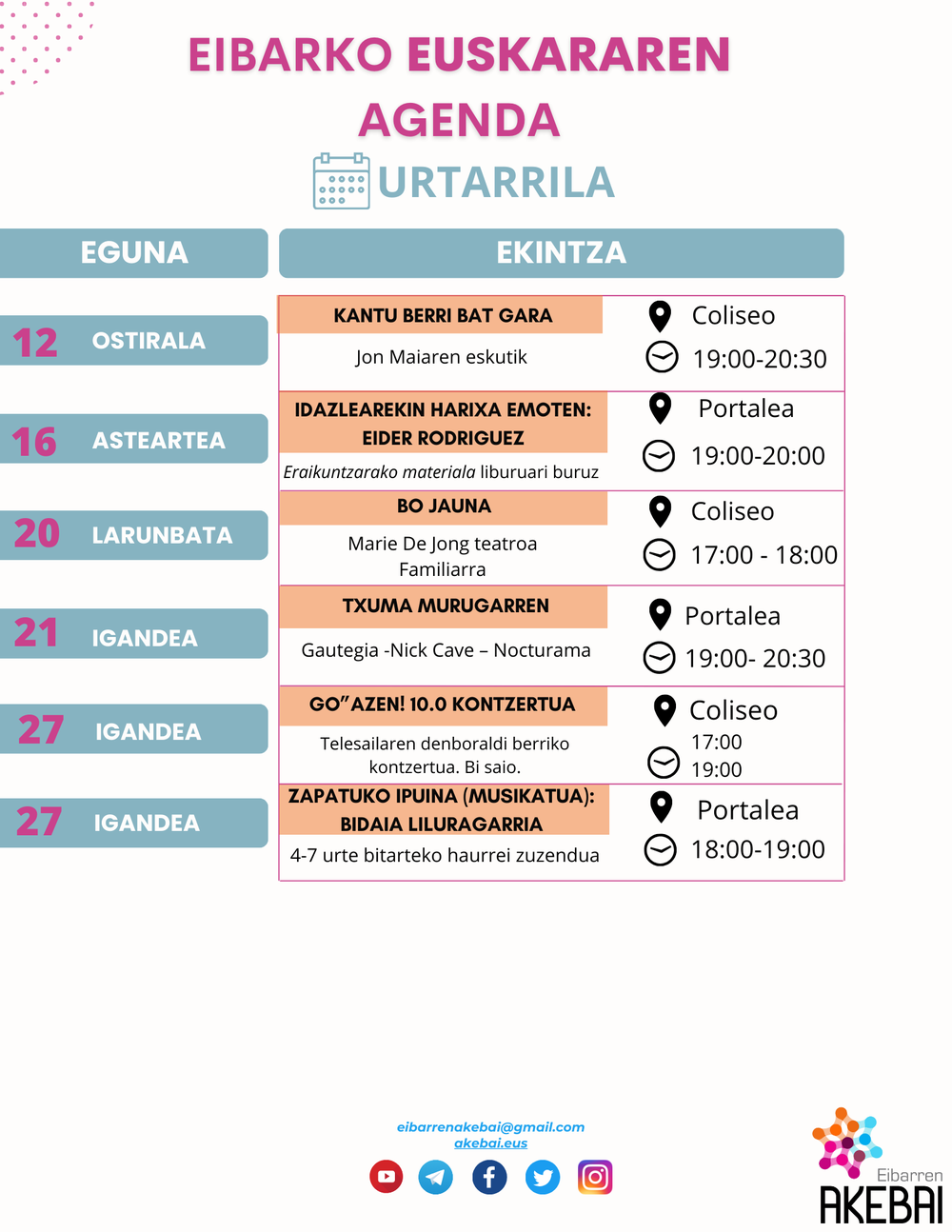 Eibarko euskararen agenda enero