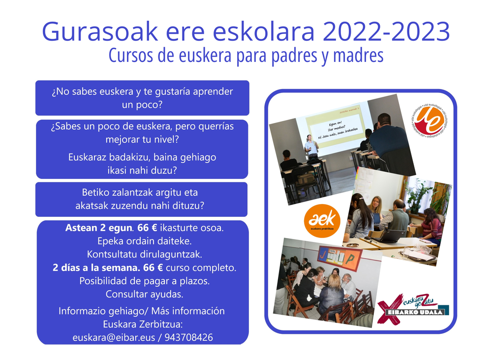 Abierto el plazo de inscripción para los cursos de euskera "Gurasoak ere eskolara" Cartel anunciador