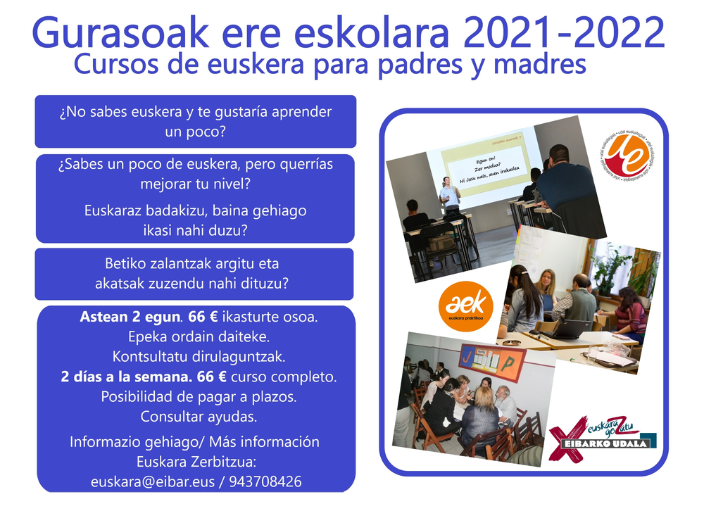 Plazo de inscripción abierto en cursos de euskera "Gurasoak ere eskolara" Cartel de la campaña