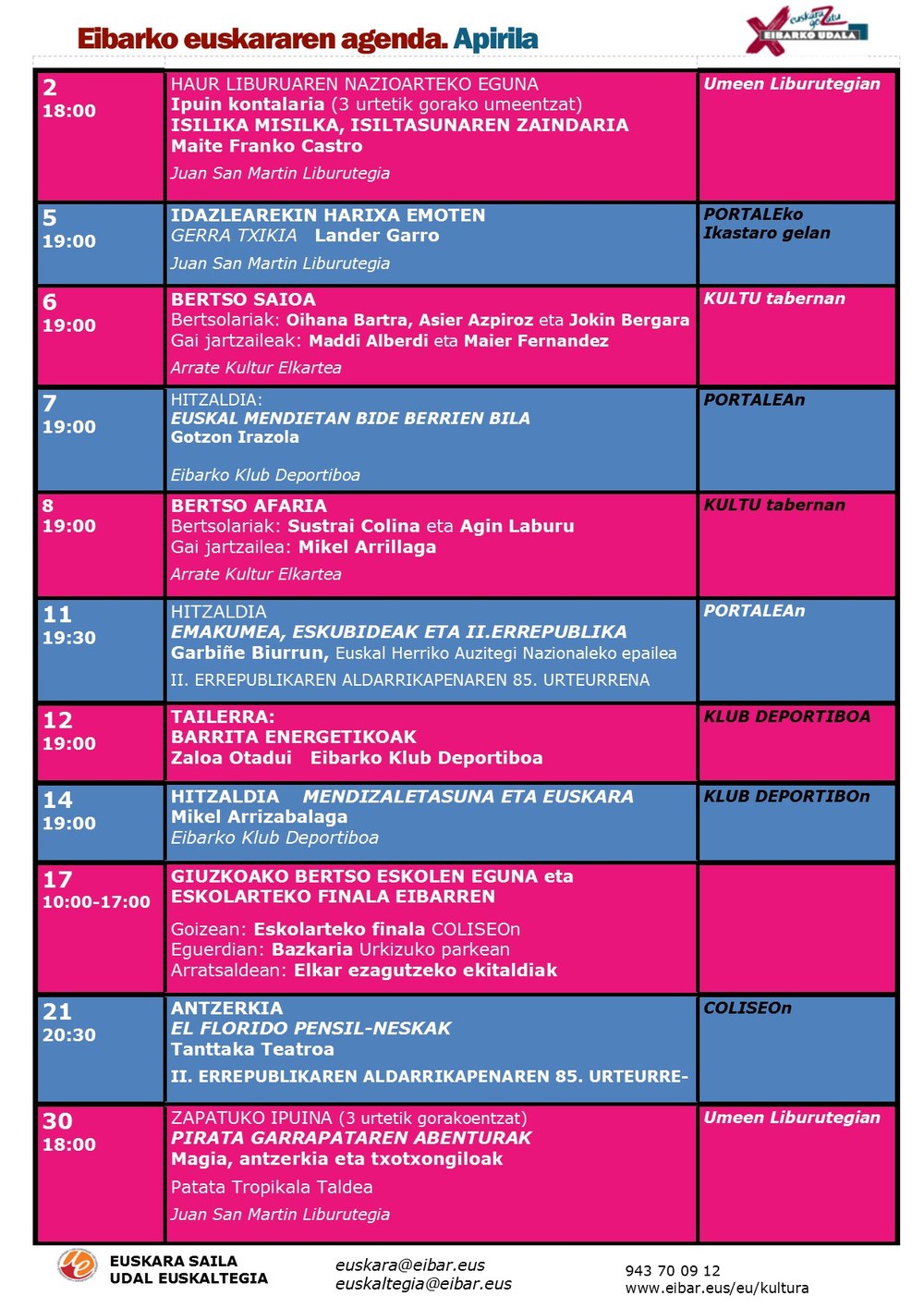 Se ha publicado la Agenda del Euskera de abril