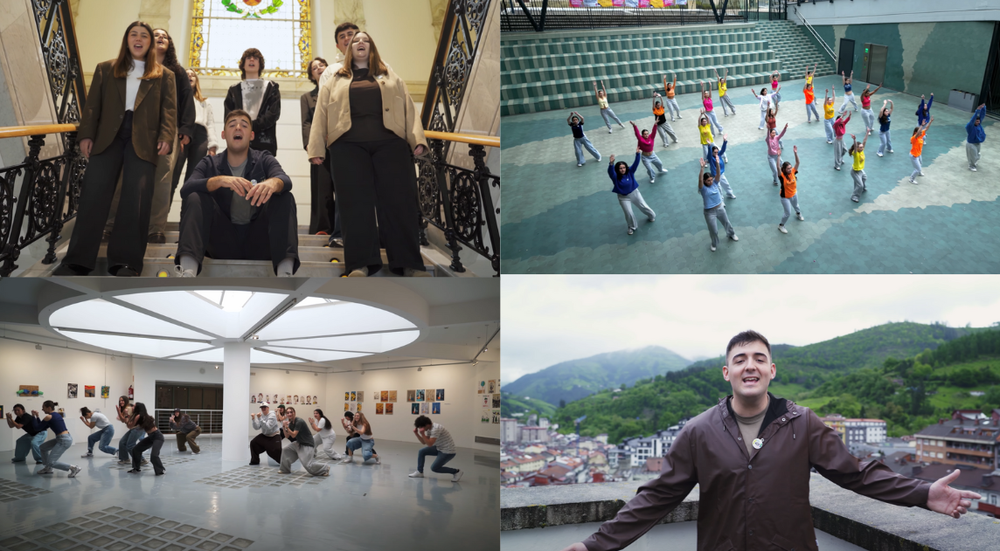 Ya se ha publicado la versión y el videoclip de Eibar de la canción del Euskaraldia Varias imágenes del videoclip del Euskaraldia de Eibar. Arriba a la izquierda, Jon Alonso y el Eibarko Koro Gaztea en las escaleras del ayuntamiento de Eibar. Arriba a la derecha, el grupo de baile Eibarko Dantza Eskola bailando en Errebal. Abajo a la izquierda, el grupo de baile KAXA bailando en la sala de exposiciones de Portalea. Abajo a la derecha, un plano del cantante Jon Alonso.
