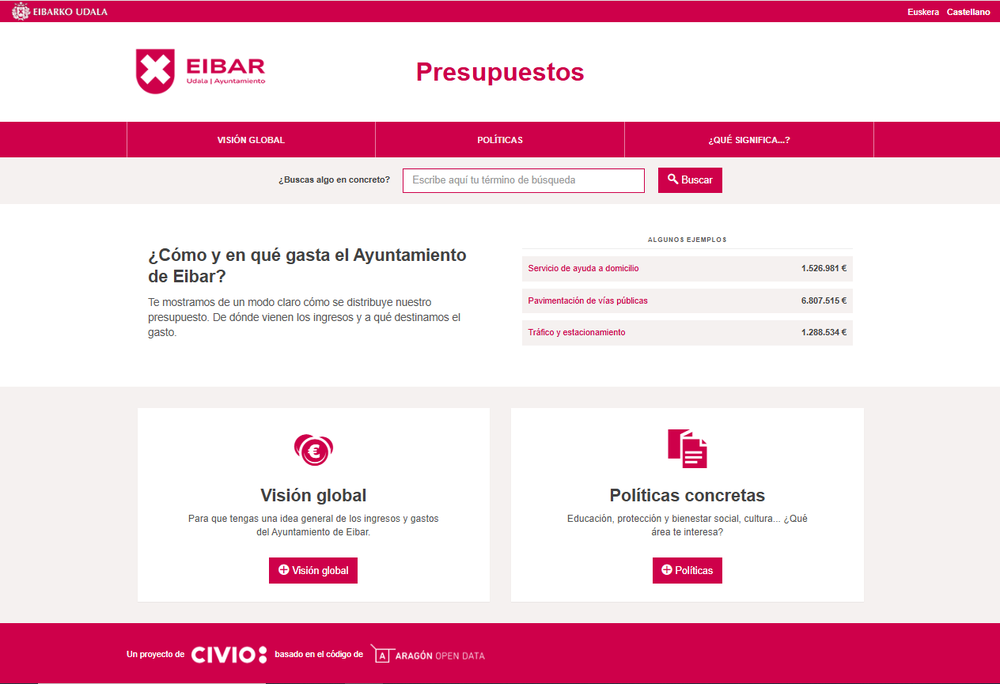 Portada principal de la página web de presupuestos municipales dondevanmisimpuestos.eibar.eus