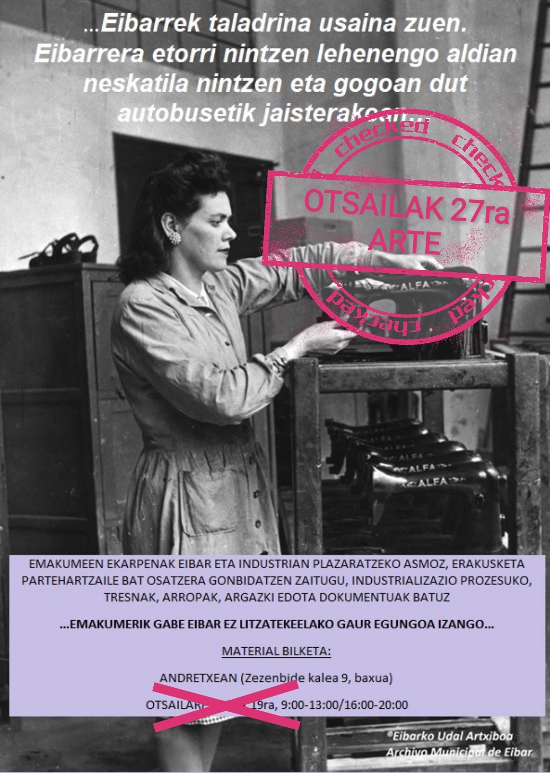 Recogida de material para la exposición participativa: Aportaciones de las mujeres a la industria en Eibar, hasta el 27 de febrero