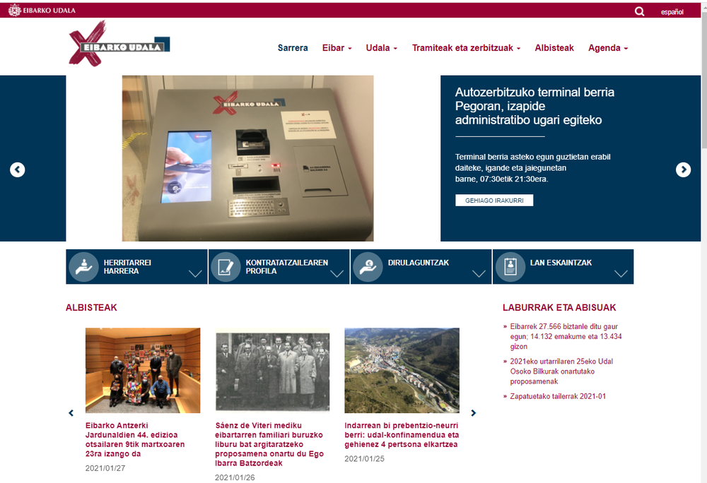 Aumenta en un 22,83 % el número de visitas realizadas en 2020 a la web municipal, con respecto al año anterior Portada principal de la página web municipal www.eibar.eus.