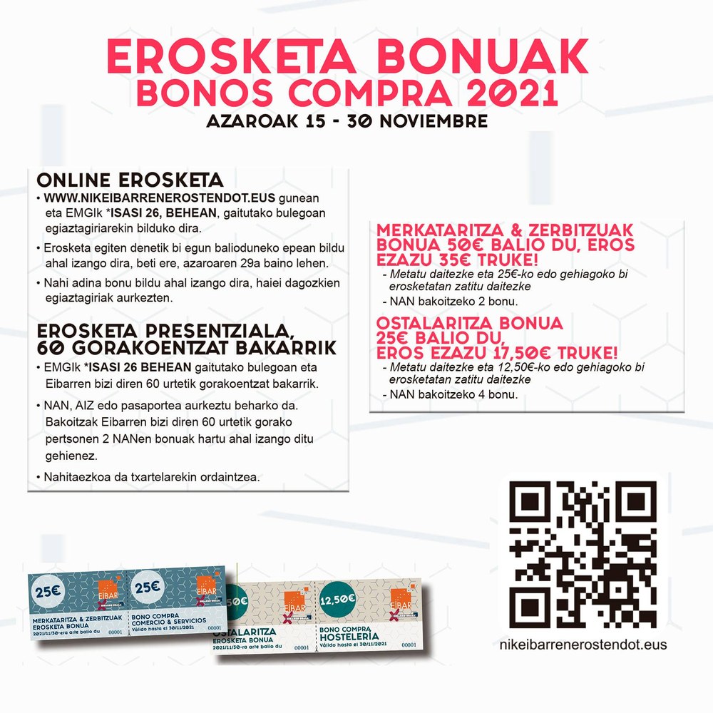 Comienza una nueva campaña con bonos-compra en Eibar, que se prolongará hasta el 30 de noviembre, con descuentos del 30% Comienza una nueva campaña con bonos-compra en Eibar, que se prolongará hasta el 30 de noviembre, con descuentos del 30%.