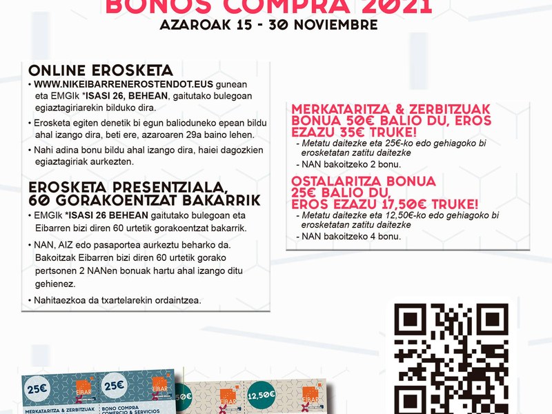 Comienza una nueva campaña con bonos-compra en Eibar,  que se prolongará hasta el 30 de noviembre, con descuentos del 30%.