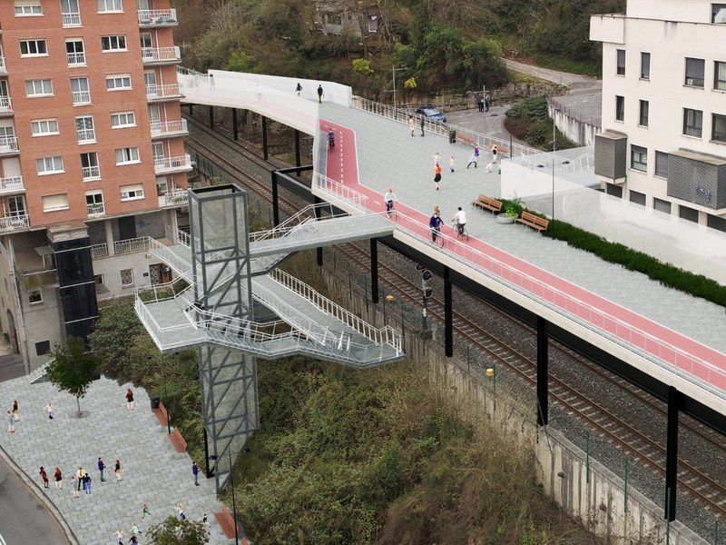 Infografía del ascensor público que unirá la calle Barakaldo con el paseo que se construirá sobre las vías del tren.