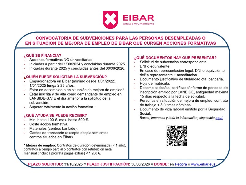 El Ayuntamiento de Eibar abre una nueva convocatoria para subvencionar acciones formativas