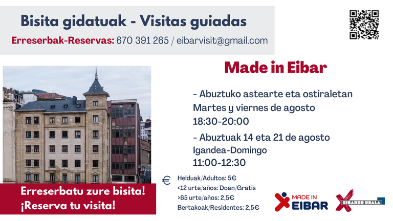 El Ayuntamiento de Eibar continúa poniendo en valor la historia y el atractivo de la ciudad mediante visitas guiadas en agosto Cartel de las visitas guiadas en agosto.