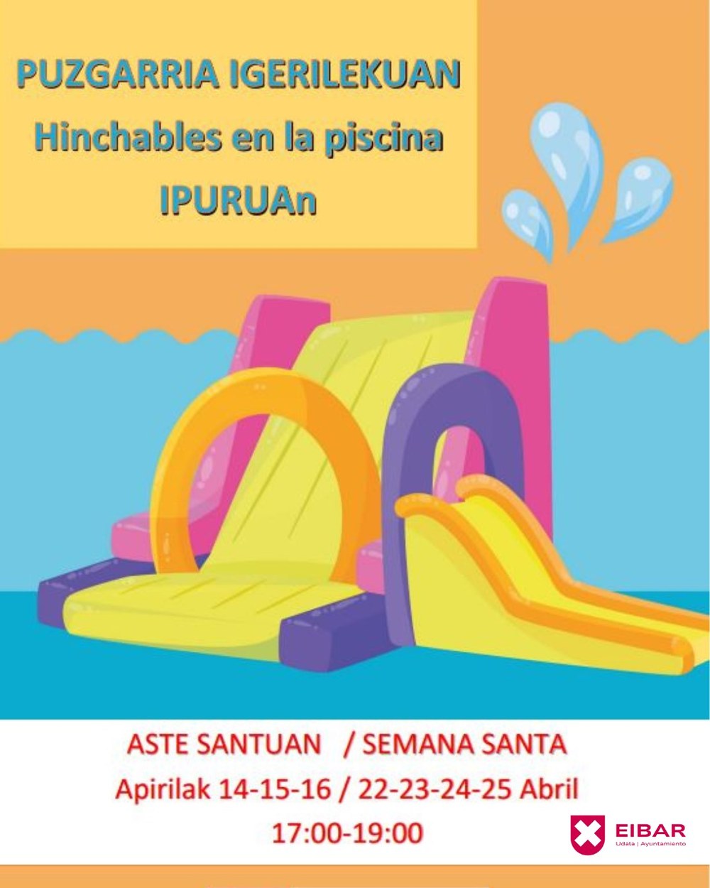 El Ayuntamiento de Eibar impulsa el ocio infantil con hinchables acuáticos en Ipurua durante Semana Santa Cartel.