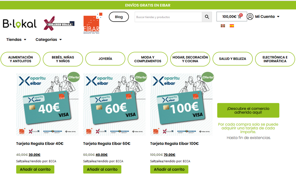 El ayuntamiento de Eibar pone en marcha una nueva edición de la campaña "Eibar oparitu", que ofrece la oportunidad de hacer compras con descuento en el período de rebajas Página principal de la web www.erosieibarren.eus.