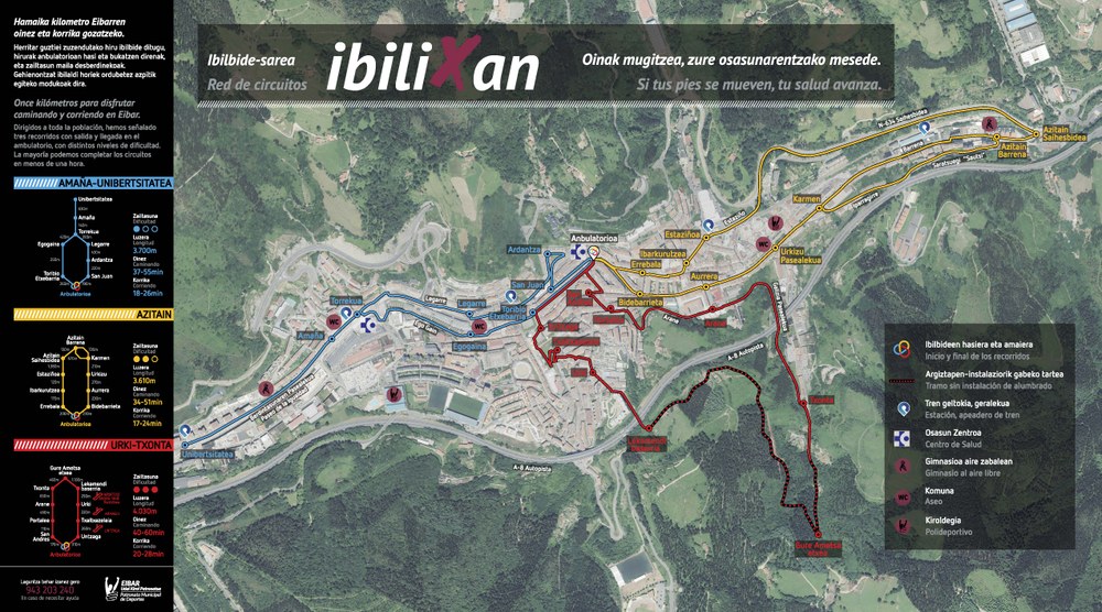 El Ayuntamiento de Eibar propone una serie de rutas para realizar ejercicio físico, a partir del próximo sábado, 2 de mayo, y evitar aglomeraciones de gente Panel del proyecto "Ibilixan".