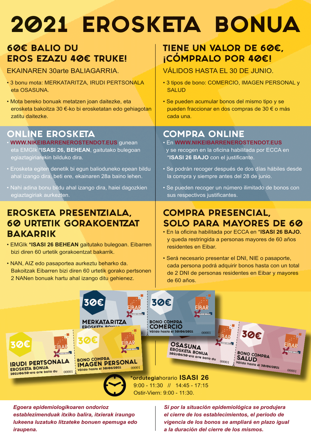 El Ayuntamiento, en colaboración con Eibar Centro Comercial Abierto (ECCA), pone en marcha una nueva campaña de bonos-compra, centrada en establecimientos de salud, estética y equipamiento personal Cartel de la nueva campaña de bonos-compra.