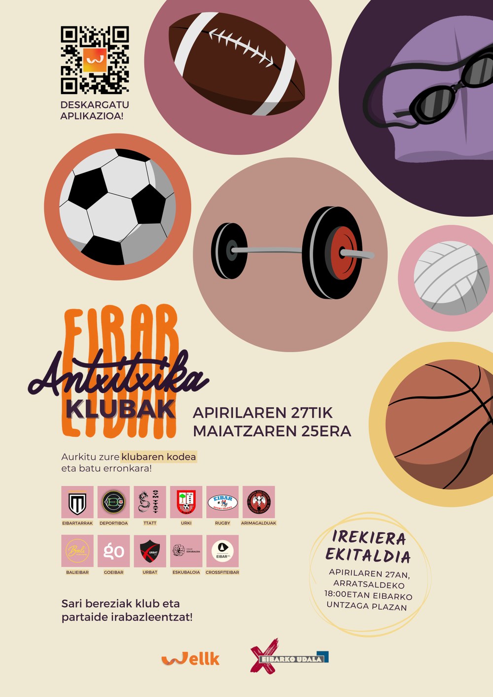 El Ayuntamiento lanza el reto 'Antxitxika Eibar: Klubak' mediante la app Wellk Cartel del reto 'Antxitxika Eibar: Klubak'.