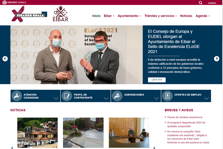 Página principal de la página web del Ayuntamiento de Eibar.