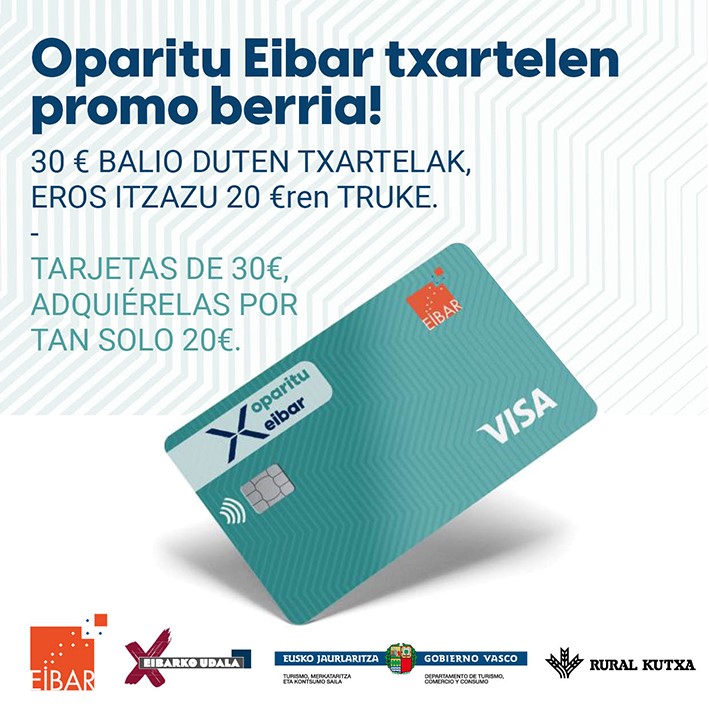 La asociación Eibar Centro Comercial Abierto pone en marcha el lunes, 3 de abril,  una nueva campaña de promoción Oparitu Eibar, con la venta de 300 tarjetas