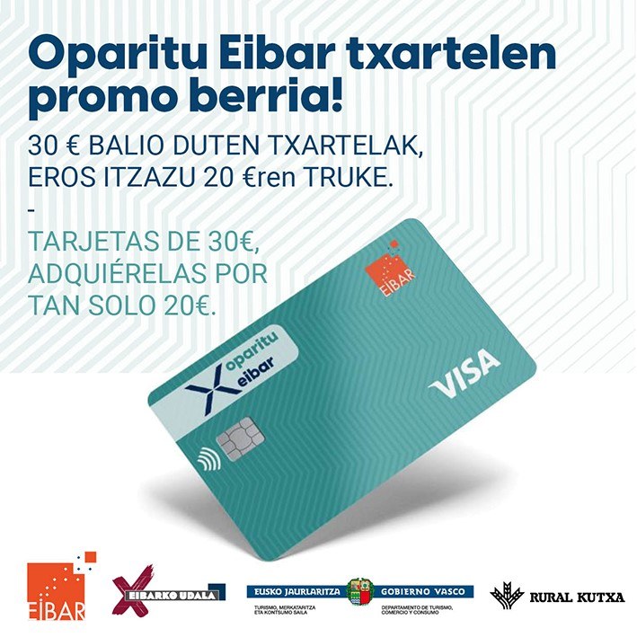 La asociación Eibar Centro Comercial Abierto pone en marcha el lunes, 3 de abril,  una nueva campaña de promoción Oparitu Eibar, con la venta de 300 tarjetas.