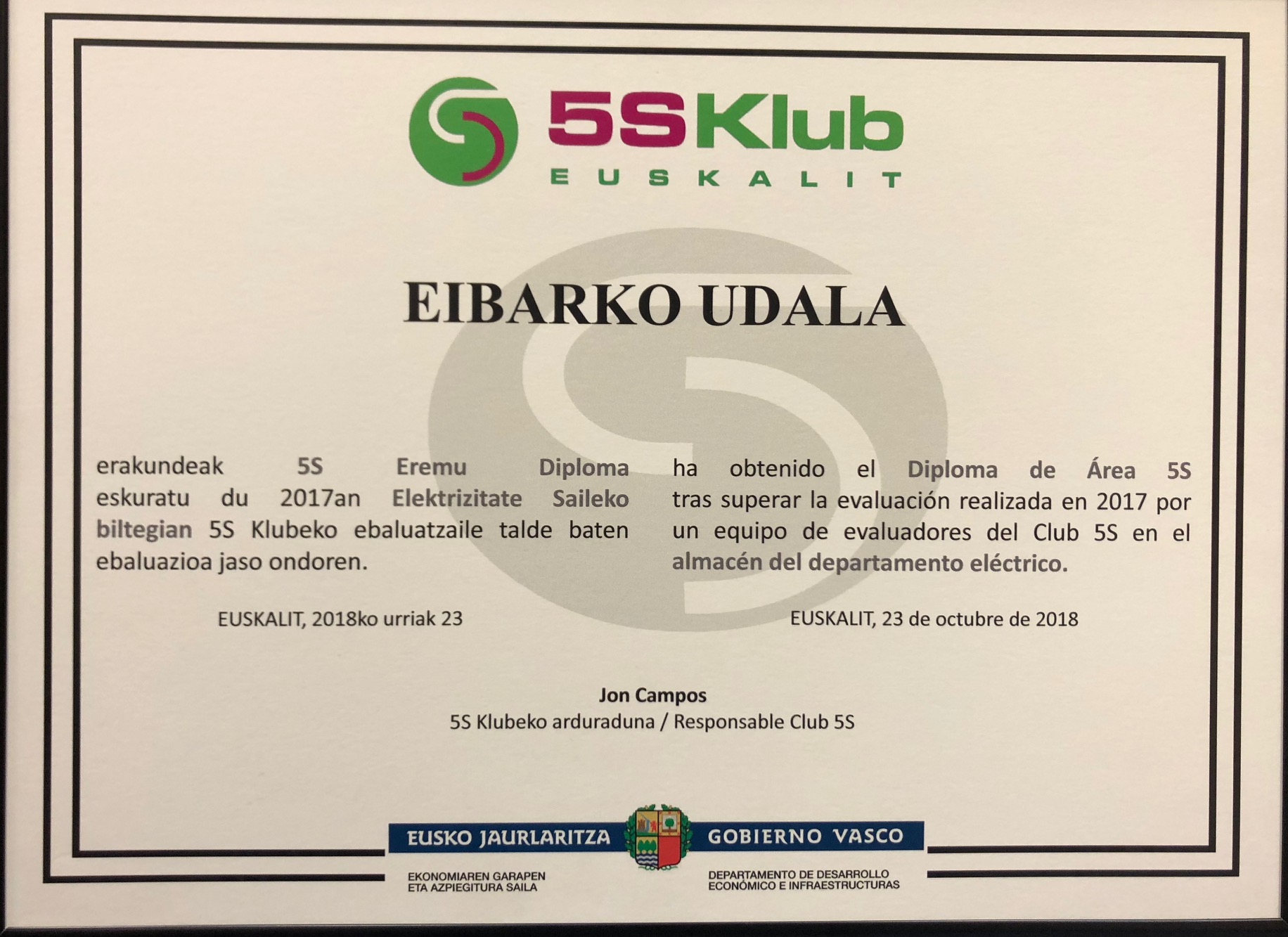 La Brigada Municipal obtiene por segundo año la certificación 5S de calidad concedida por Euskalit