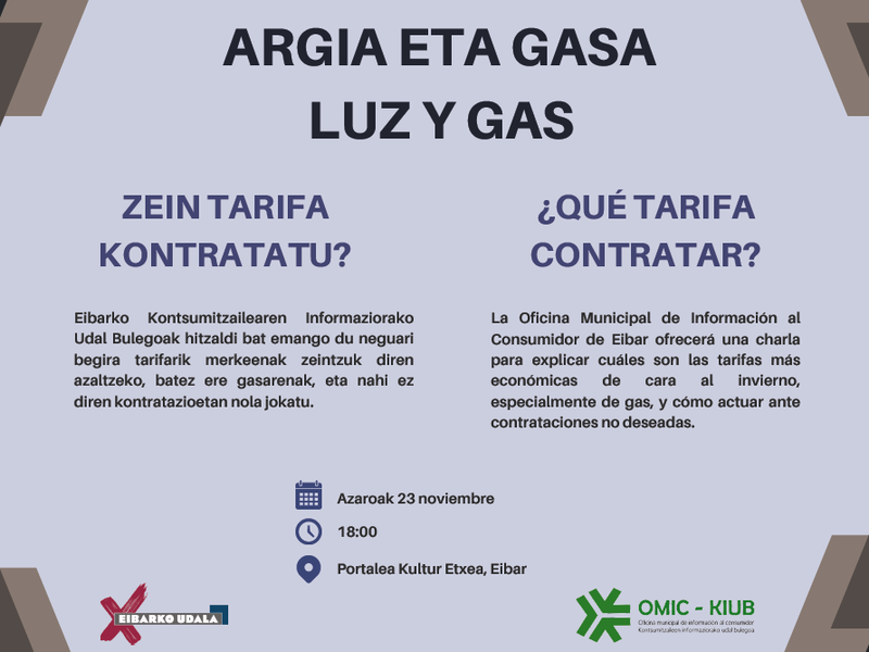 Portalea acogerá una charla sobre contratos y suministros de luz y de gas el próximo 23 de noviembre.