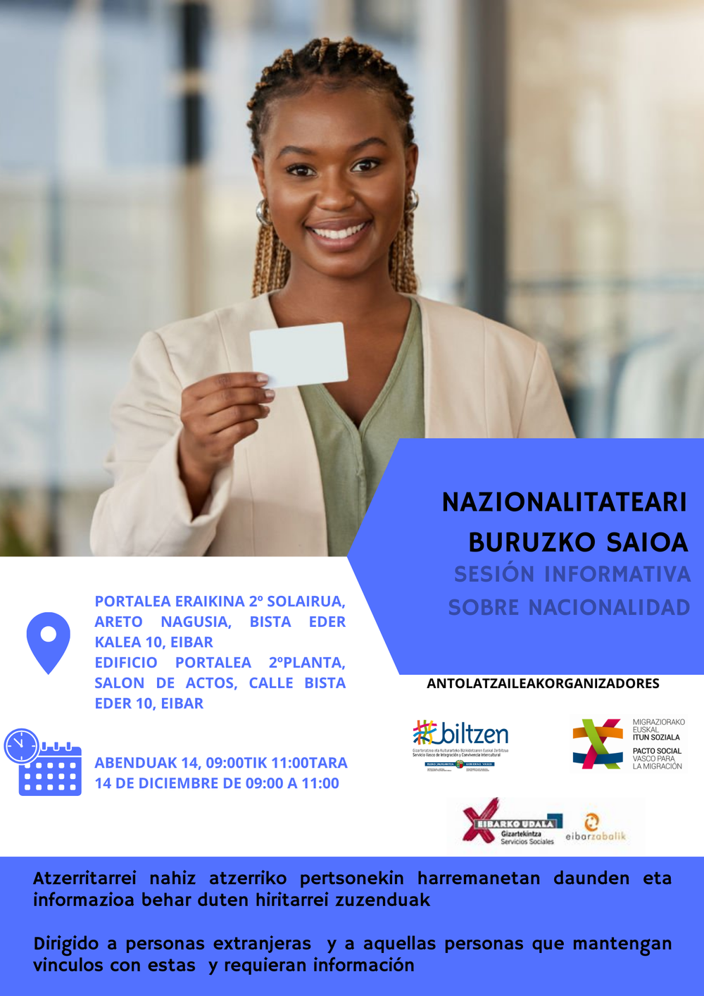 Naziotasunari buruzko saio informatiboa antolatu da Portalean abenduaren 14rako Nazionalitateari buruzko saioaren kartela