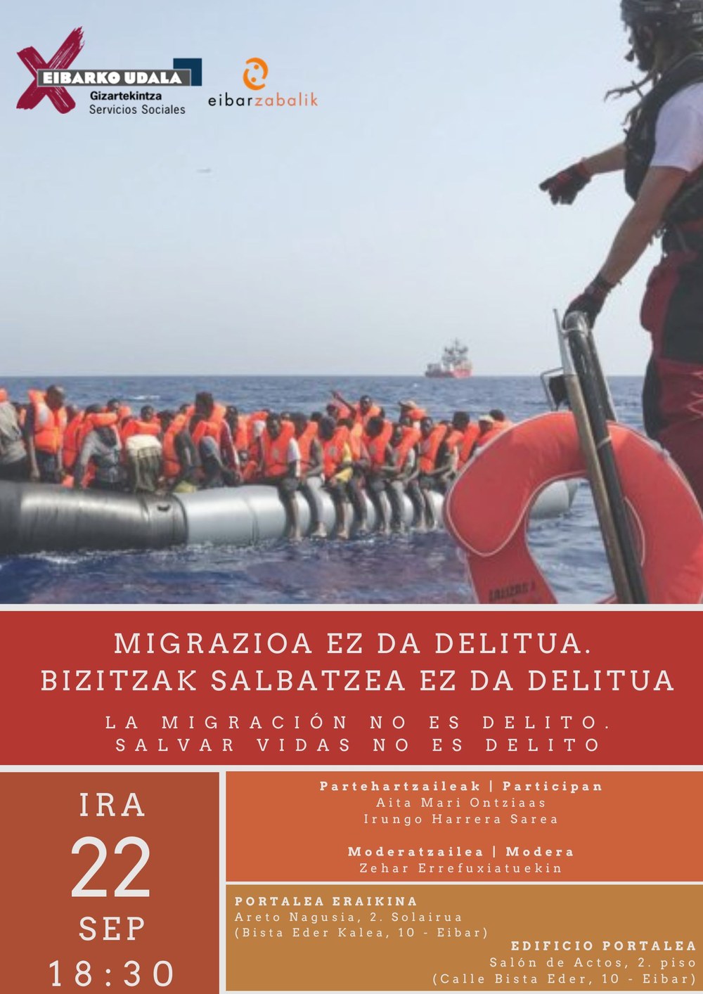 Portalean mahai-inguru bat izango da ostegunean, hilak 22, 18:30ean, "Migrazioa ez da delitua. Bizitzak salbatzea ez da delitua" izenpean Portalean mahai-inguru bat izango da ostegunean, hilak 22, 18:30ean, "Migrazioa ez da delitua. Bizitzak salbatzea ez da delitua" izenpean.