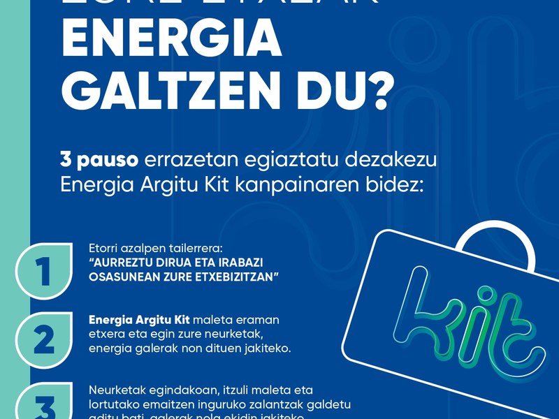 "Energia Argitu Kit" iritsi da Eibarrera, nork bere etxeko autodiagnostiko energetikoa egiteko aukera ematen duen kanpaina. Kartela