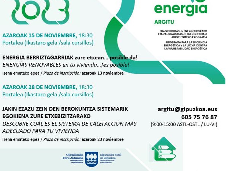 Etxebizitzetan energia berriztagarriak instalatzeko eta zure etxebizitzarako berokuntza-sistemarik egokiena zein den jakiteko tailer praktikoak Kartela