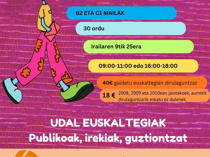 Udal euskaltegian, B2 eta C1 mailetako azterketak prestatzeko 30 orduko ikastaroan izena emateko epea zabalik